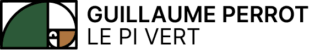 Logo Guillaume Perrot - Le Pi Vert avec une spirale géométrique stylisée en vert, blanc et marron.