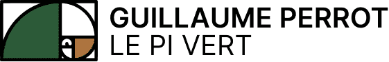 Logo Guillaume Perrot - Le Pi Vert avec une spirale géométrique stylisée en vert, blanc et marron.